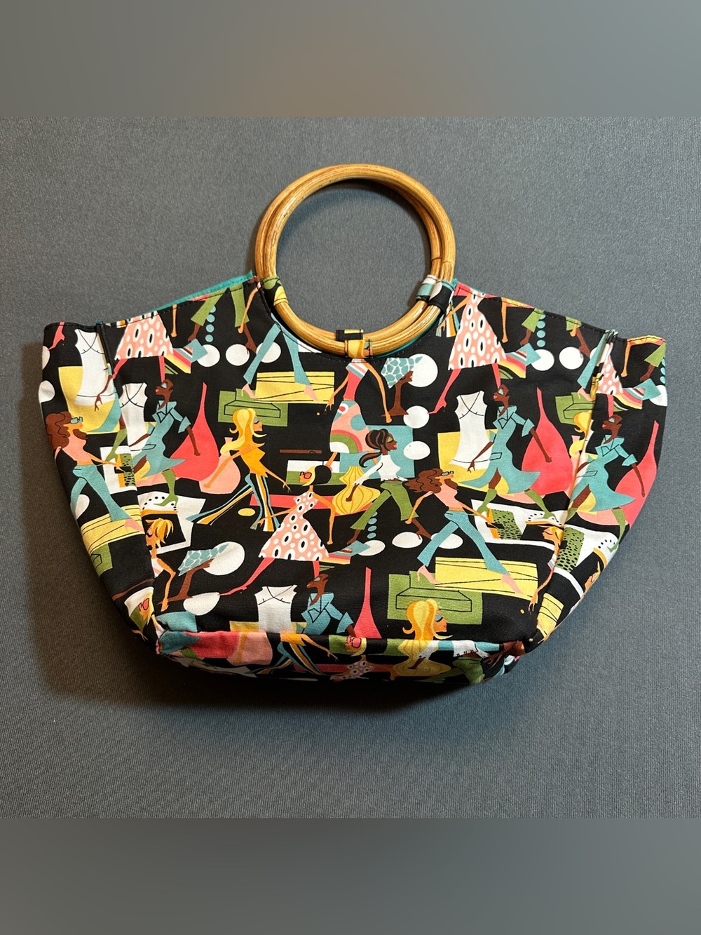 Neiman Marcus Handbag Purse Bamboo Handles Retro Fashion Girl Print Colorful